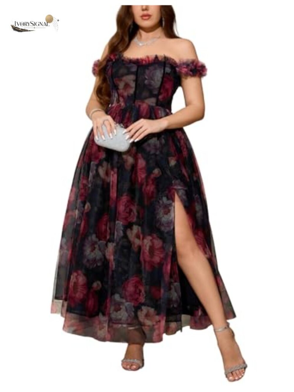 Plus Size Floral Tulle Off Shoulder Sweetheart A-Line Midi Formal Dress Slit